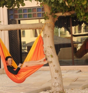 Layover in Bahrain? There's always a place to catch a nap in your hammock. #traveltuesday #inacolorcloud #Bahrain #travelislife #travelhammock #hammocklife #hammocking